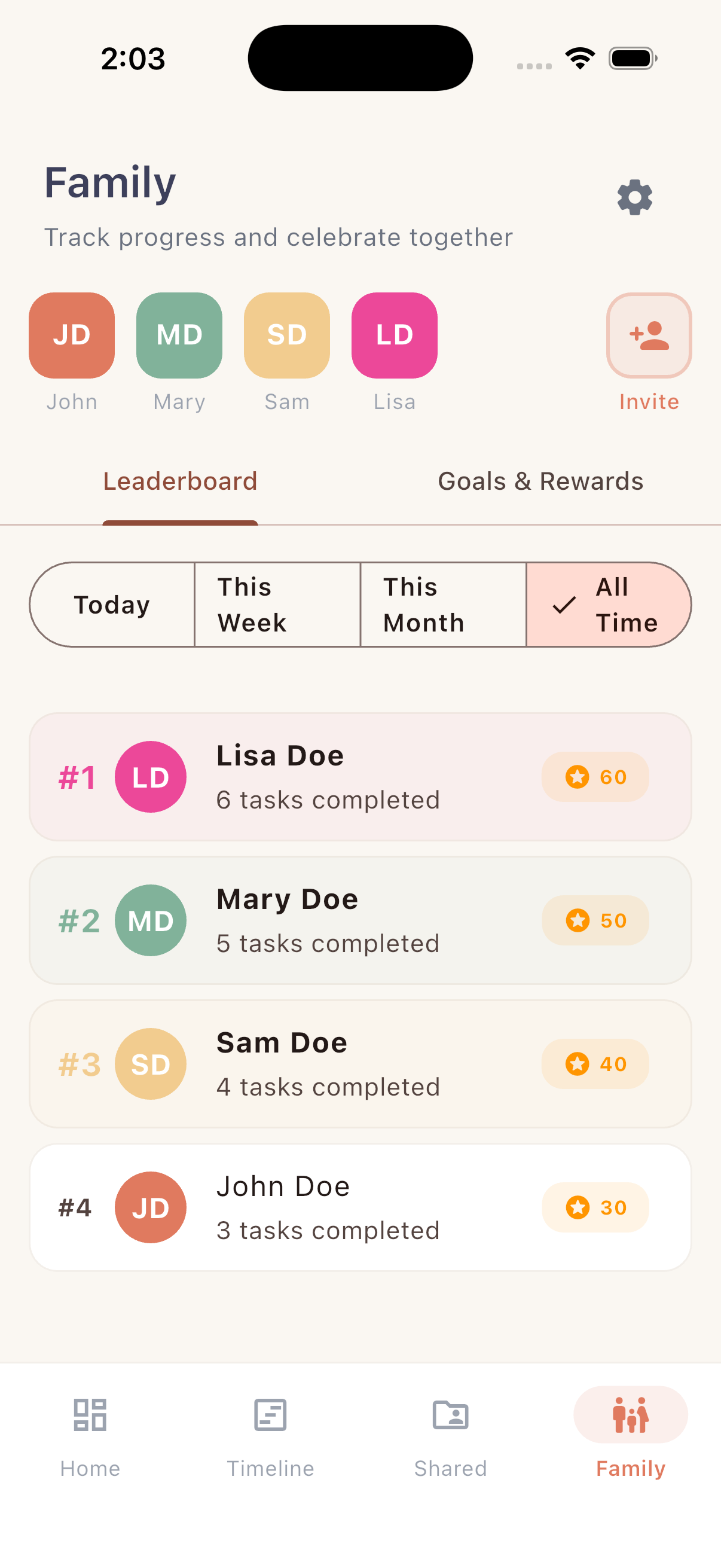 Kunba app Family screen